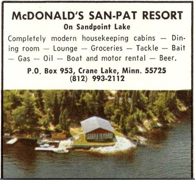 McDonald's San-Pat Resort on Sandpoint Lake Crane Lake 1950s MN Ad TAK2-S48