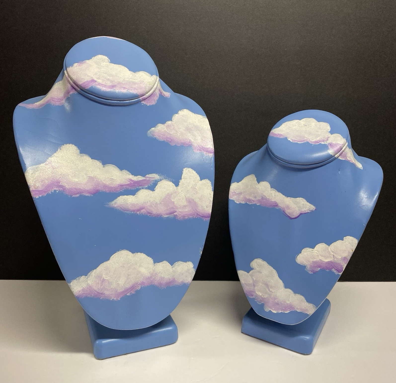 2 Necklace Display Bust Stands, Hand Painted Blue Cloud Design, White/Purple