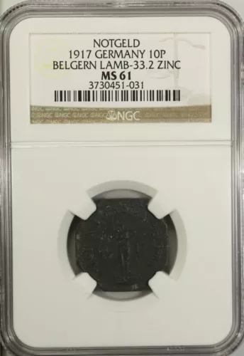 Germany 10 Pfennig 1917 NGC MS 61 UNC Zinc Belgern Lamb-33.2 Notgeld