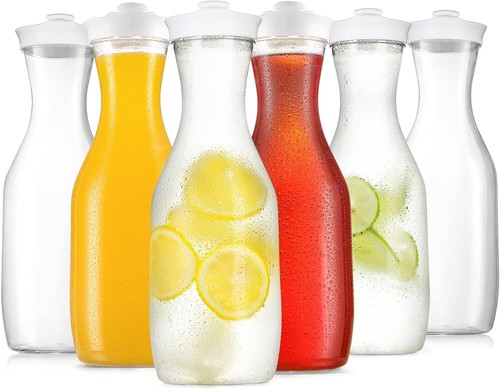6 Pack Large 50 Oz Water Carafe with White Flip Top Lid, Clear Plastic Juice Jar