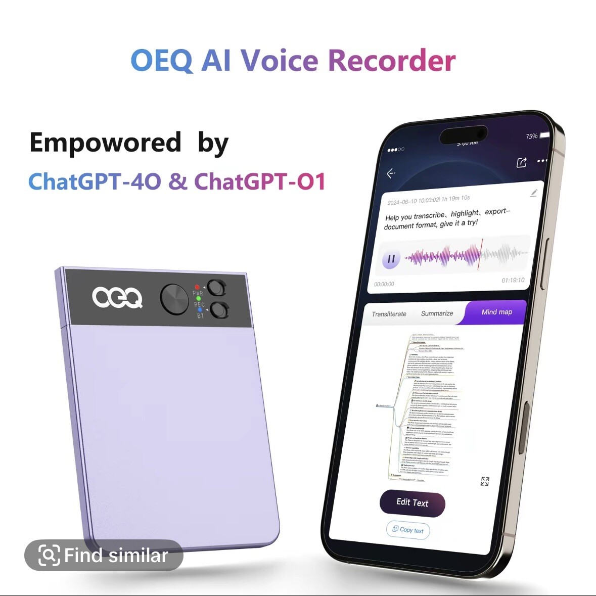OEQ Al Voice Recorder, 64GB Al Speech Processor with Simultaneous