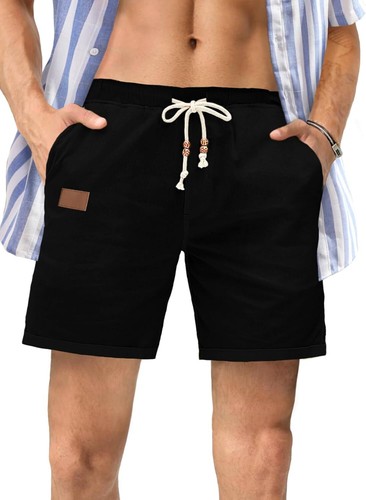 Mens Cotton Linen Casual Shorts Elastic Waist Drawstring Summer Beach Shorts - Picture 22 of 47