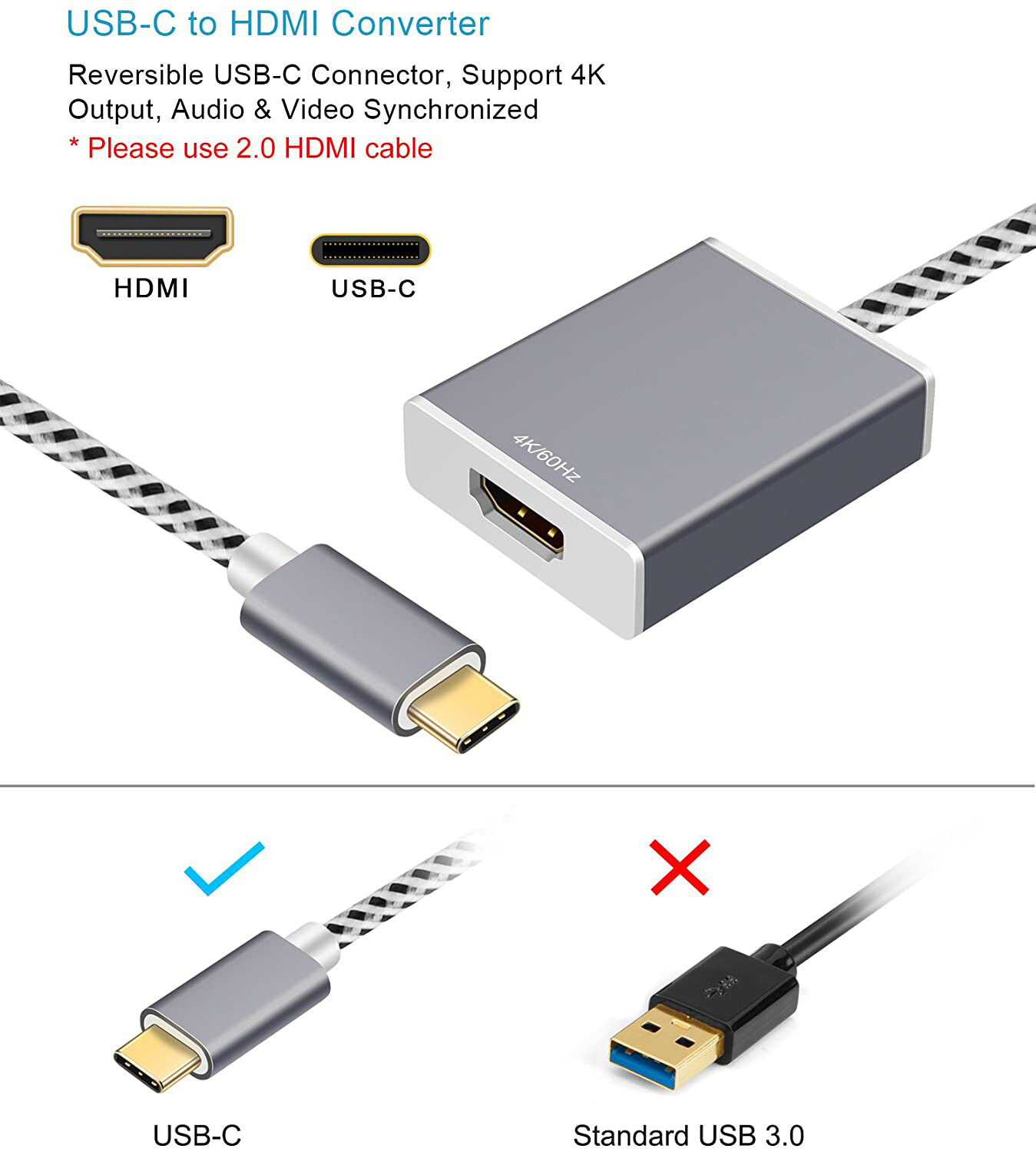 Cable adaptador convertidor USB-C tipo C a HDMI 2.0 4KX2K@60Hz para Apple MacBook, imagen 5
