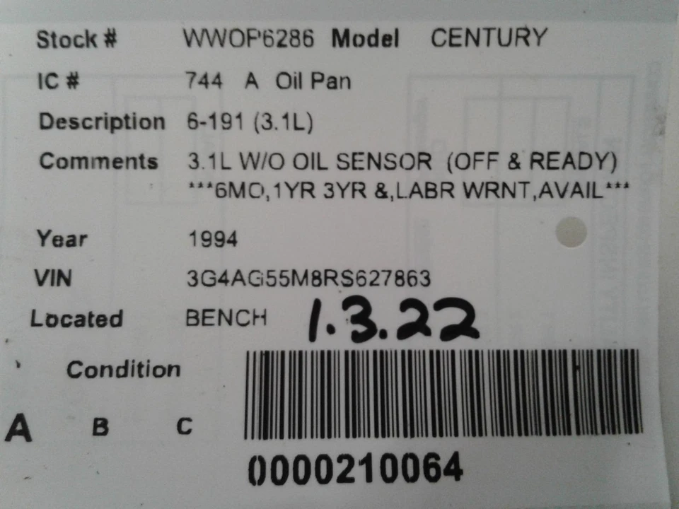 Used Engine Oil Pan fits: 1994 Buick Century 6-191 3.1L w/o oil level sensor Gra Foto 4 de 4