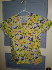 Eeyore And Bows From Winnie The Pooh Yellow Scrubs Top XS Disney C3