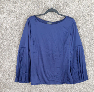 The Limited Pleat Sleeve Satin Blouse Womens L Blue Flowy Chic Modern Career NWT