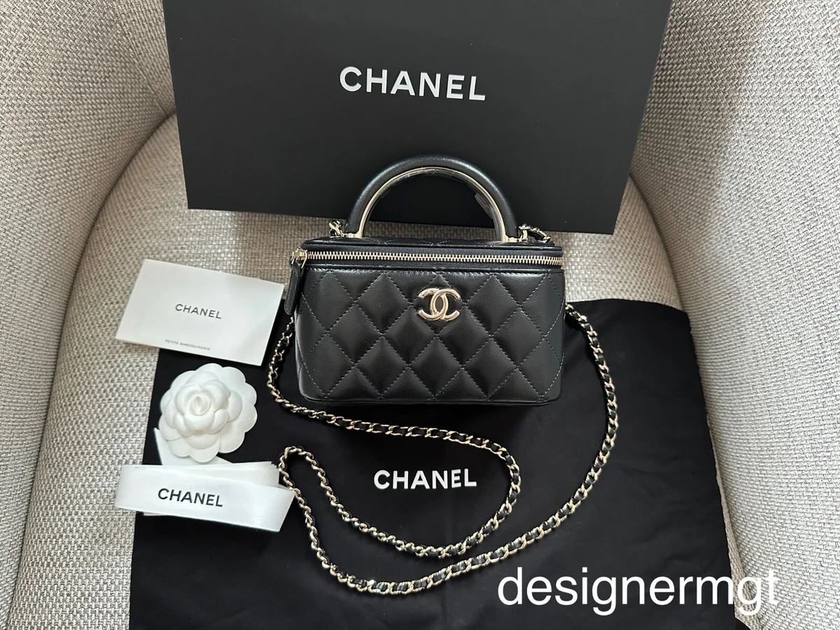 NIB 100%AUTH CHANEL 22A Black Lambskin Long Vanity Bag on Chain Metal Handle