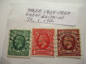 Three 1929-1950 Great Britain Postage Stamps - 1/2, 1, 1 1/2 Denomination