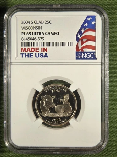 2004-S Proof State Quarter, Wisconsin, PF69 Ultra Cameo NGC, Patriotic Label