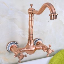 Antique Red Copper Bathroom Basin Sink Faucet Dual Handles Mixer Tap Wall Mount