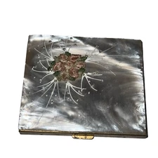 Vintage Mother Of Pearl Powder Compact Embroidered Flowers