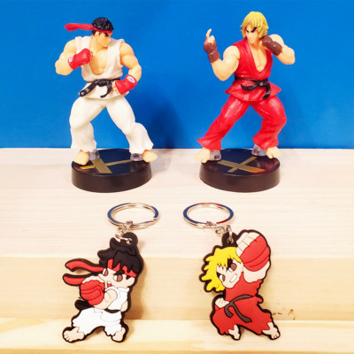 Ryu + Ken action figures + 2 keychains Street Fighter game room decor retro gift
