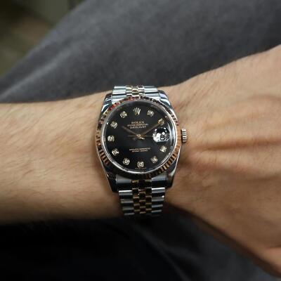 2000's Rolex 116231 Datejust 36 18k Gold Steel Black Diamond Dial
