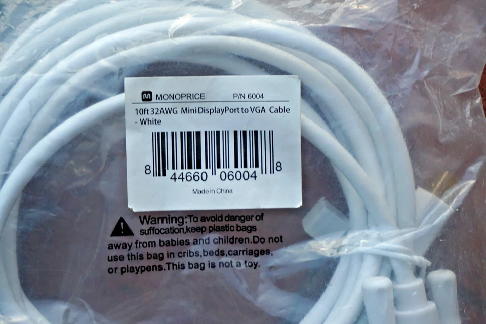 NEW 10ft Gold Plated 32AWG Mini DisplayPort / Thunderbolt to VGA Cable White - Image 2 of 3