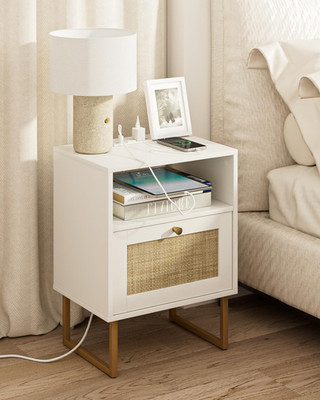 Rattan Nightstand with Charging Station & Storage - Modern Boho Side Table