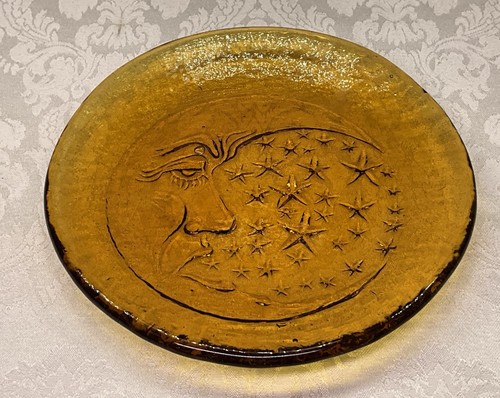 Glass Amber Sun Catcher Round Plate Crescent Face Moon &Stars Celestial Blenko?