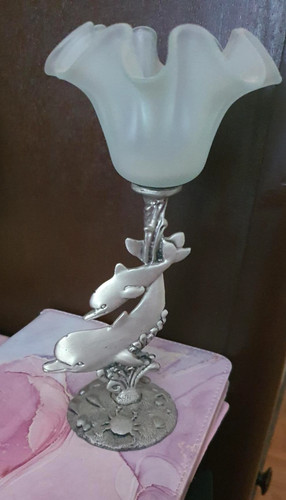 Dolphins Jumping Waves Fluted Candle Tea Light Holder Pewter Sculpture Statue