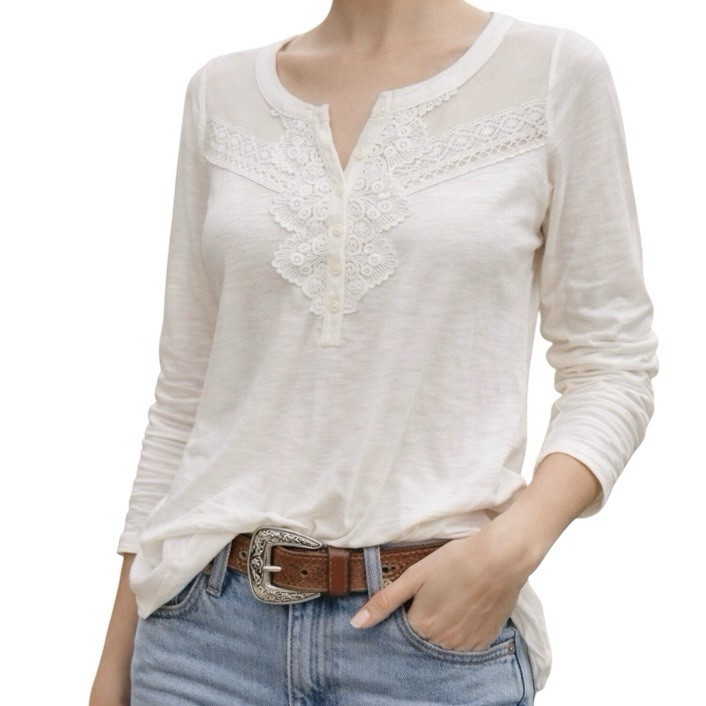 SO Ivory Lace Mesh Yoke Henley Long Sleeve Top L