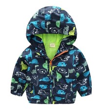 Boys Cute Dinosaur Lightweight Zip Hooded Jacket Coat Casual Windproof Windbr...