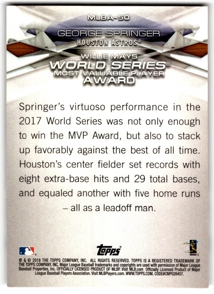 George Springer 2018 Topps MLB Awards #MLBA-50 Houston Astros - Image 2 of 2