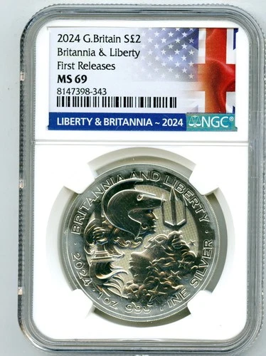 2024 GREAT BRITAIN 1OZ SILVER NGC MS69 BRITANNIA & LIBERTY FR - HEAVY WHITE HAZE
