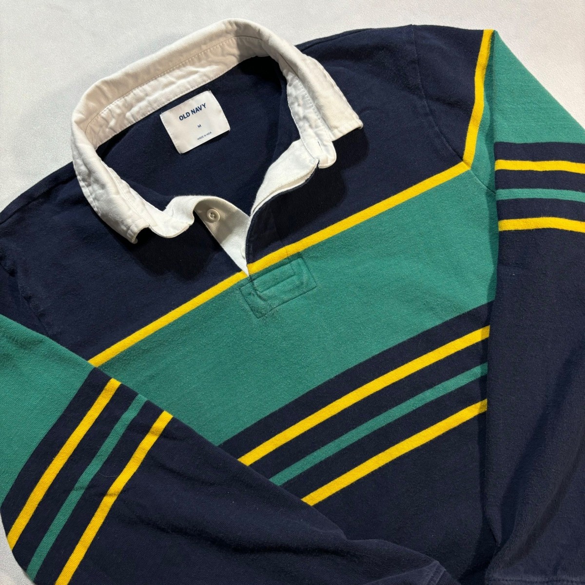 Old Navy Rugby Shirt Men's M Blue Green Yellow Striped Long Sleeve