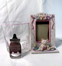 Baby Girl Gift Set Bundle Pink Bows Glass Cup, Photo Frame and Bottle Opener