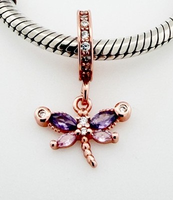 Libelle Dangle Charm kleines Insekt Rosegold echt 925 Sterling Silber  