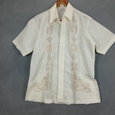 Vintage Guayabera Shirt Unisex Large White Embroidered Floral Double Vented