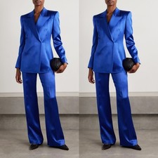 Royal Blue Silk Satin Women Suits Peak Lapel Party Prom Wedding Ladies Outfit