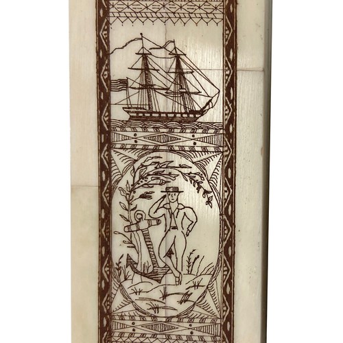 8-1/4" Life at Sea Nautical Scrimshaw Bone Pen Box with Black Horn Nib Pen - Picture 2 of 4