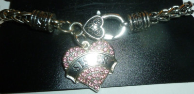 NEW Inspired Silver Chain Heart Bracelet Rhinestones Pink 7'' Sister