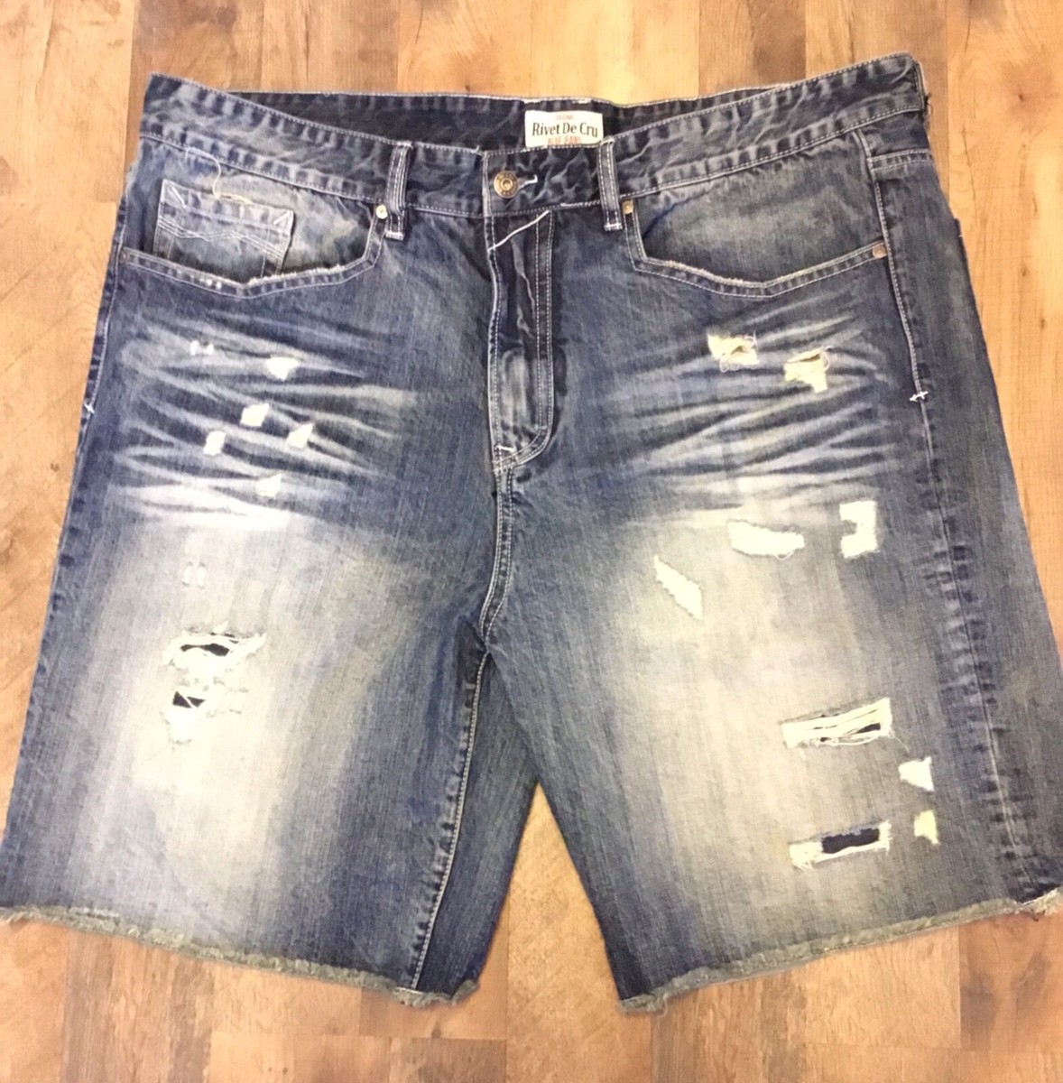 Rivet De Cru Mens Thomas Regular Wash Distressed Denim Shorts Sz