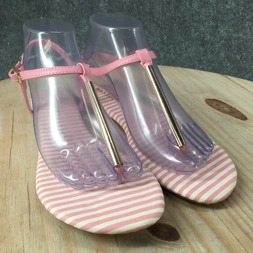 Sandalias de bambú para mujer 8 informales a rayas puntera planas con tira trasera rosa imitación cuero Foto 3 de 4