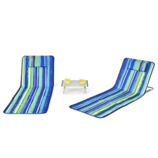 3 Pcs Beach Lounge Chair Mat Set 2 Adjustable Lounge Chairs with Table Stripe