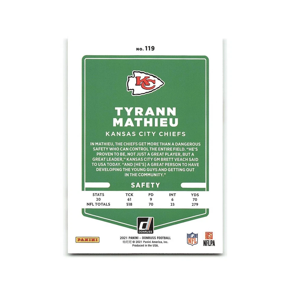 Tyrann Mathieu 2021 Donruss #119 Kansas City Chiefs Football Card NM - Image 2 of 3