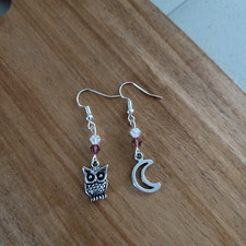 Antique Silver OWL & Moon Crystal Dangle Earrings MisMatch AUS Free Postage