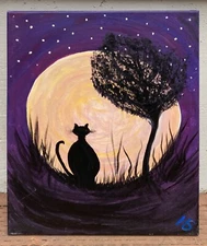 Delightful Black Cat Halloween Acrylic Canvas Painting 16x20 Artwork Handpainted