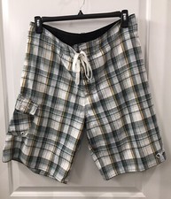 O Neill Green White Plaid Swim Trunks Shorts Mens Size 34 Pocket