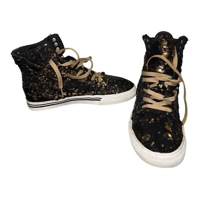 SUPRA HIGH TOP SNEAKERS GIRLS BLACK AND GOLD SEQUINS LACE UP SIZE 6
