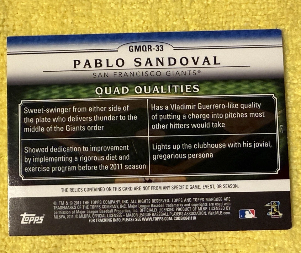 2011 Topps Marquee Pablo Sandoval Quad Qualities Dual Patch/Jersey 12/25 - Image 2 of 2