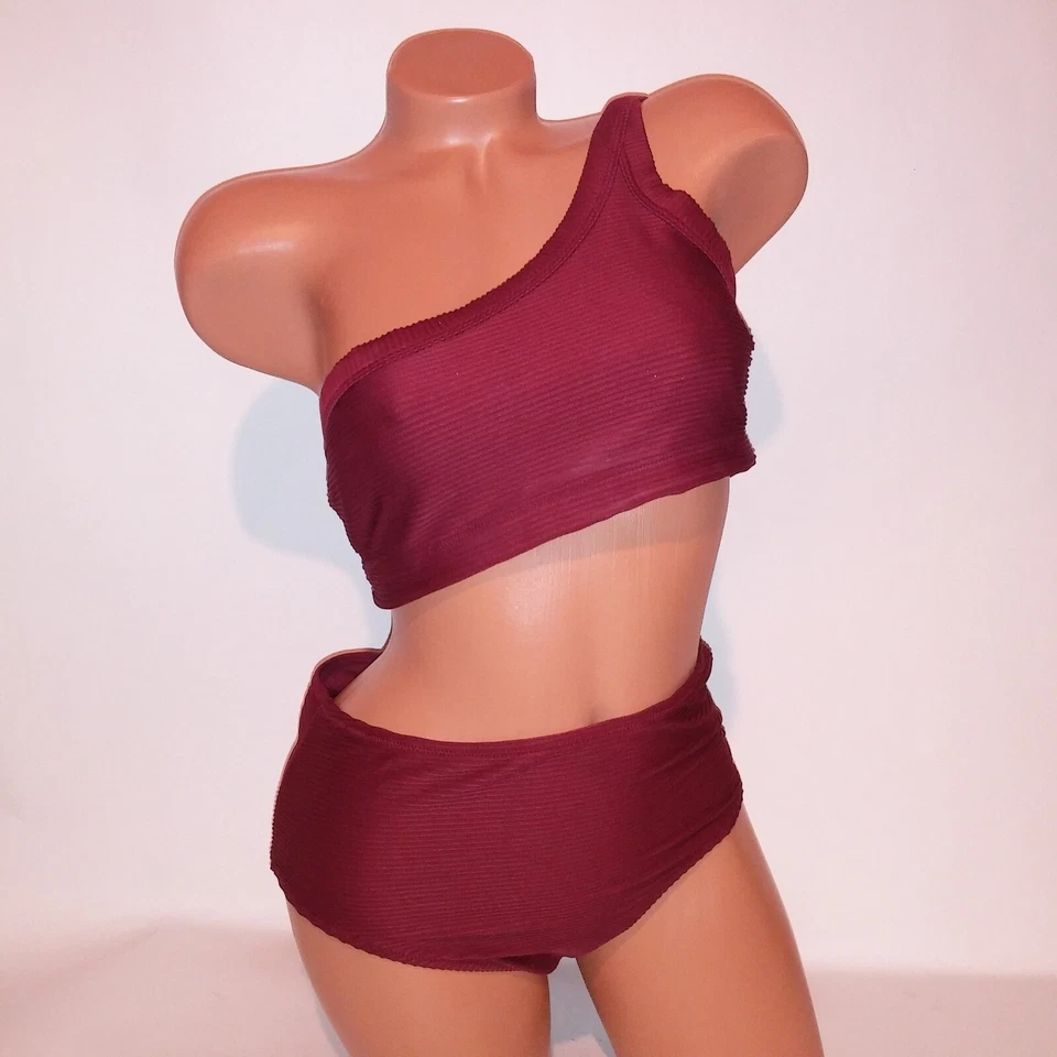 Bikini de natación Old Navy mediano superior e inferior borgoña liso acanalado un hombro Foto 3 de 4