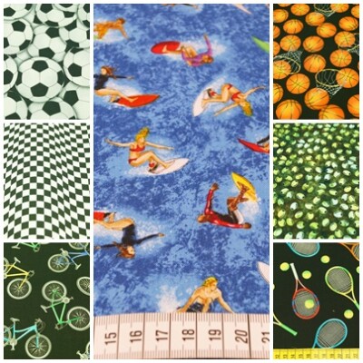 Patchworkstoff  50x110cm 100% Baumwolle Thema Sport Tennis Fußball Surfer Fahrra