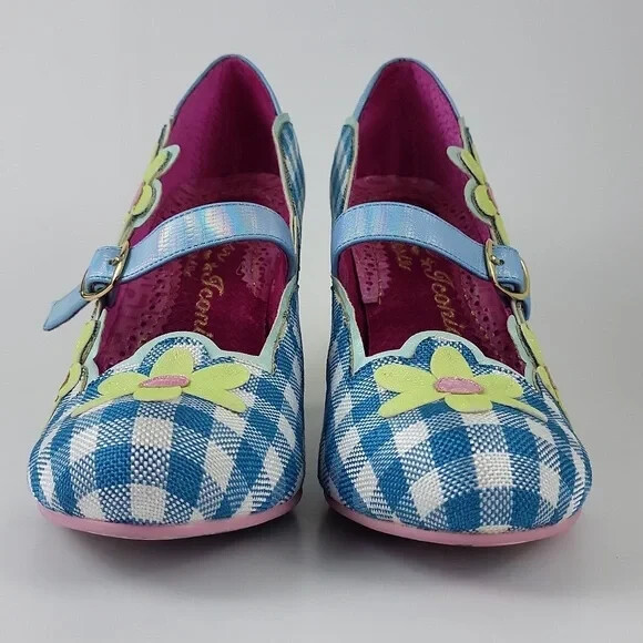 Irregular Choice Daisy Dancer Heels MaryJane Shoe Gingham blue pink EU 42