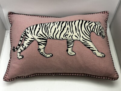 Jan Constantine Hand Embroidered Wool Feather Pillow White Tiger Bengal 19 x 13