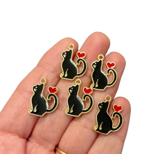 10 pcs Black Lucky Cat with heart Charm, Jewellery Making, Crafting , CH34 - Afbeelding 1 van 3
