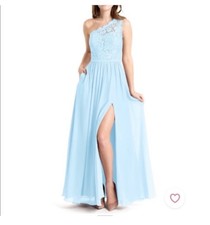 Azazie Sky Blue Lace Chiffon One Shoulder Maxi Dress EUC