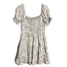 AE Picnic Pretty Puff Sleeve Babydoll Dress Womens XS Light Blue Floral Ditsy
