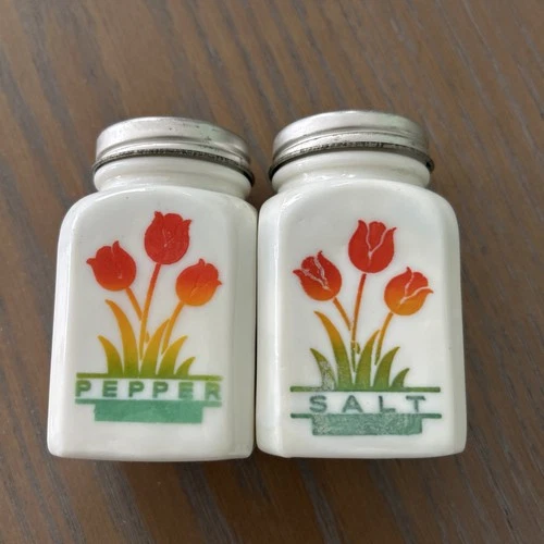 1950s Vintage Fire King Tulip Salt & Pepper Shakers Milk Glass Retro Kitchen