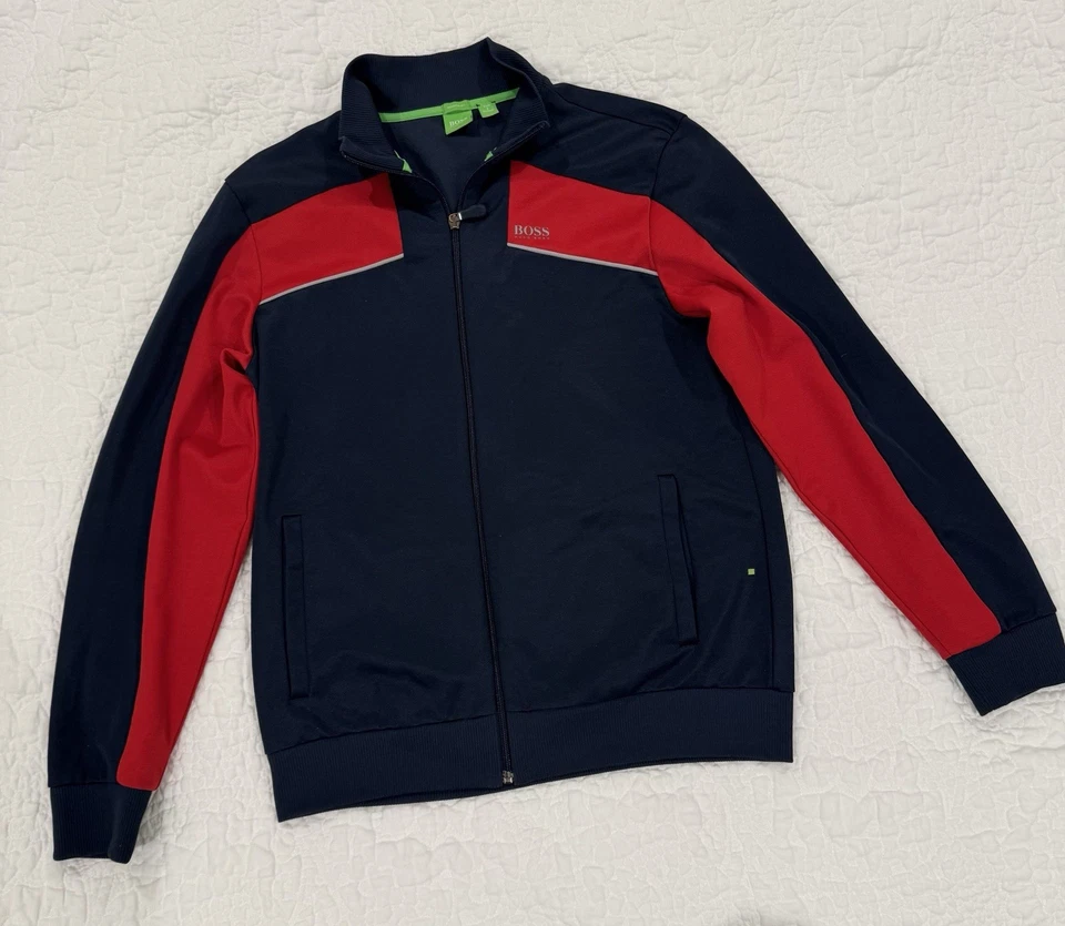 Chaqueta deportiva Boss Hugo Boss roja azul con cremallera para hombre etiqueta verde mediana hecha en Portugal Foto 2 de 4